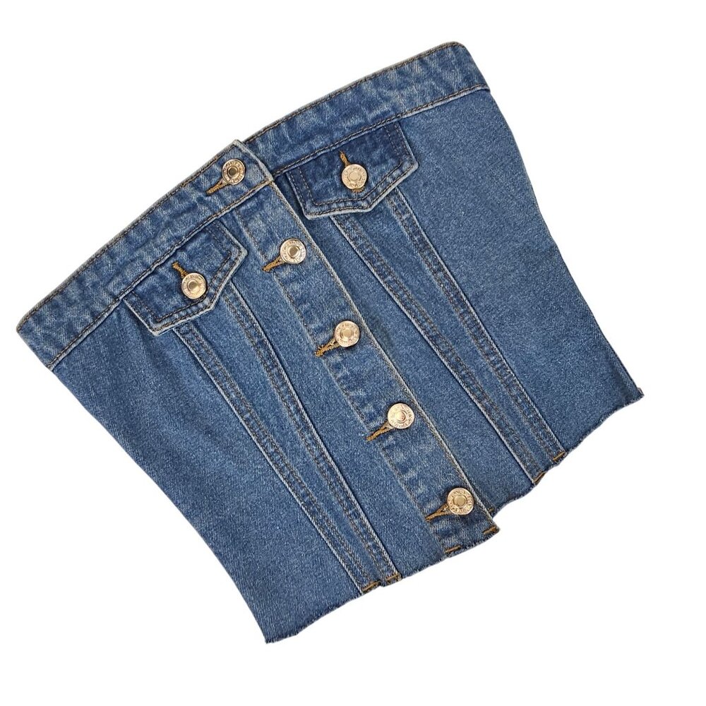 Edikted Women's XS Crop Tube Top Retro Y2K 90's Denim Jean‎ Button Party Fashion